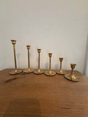 Vintage Mid-Century Modern Solid Brass Graduated Tulip Candlestick Holders Set o